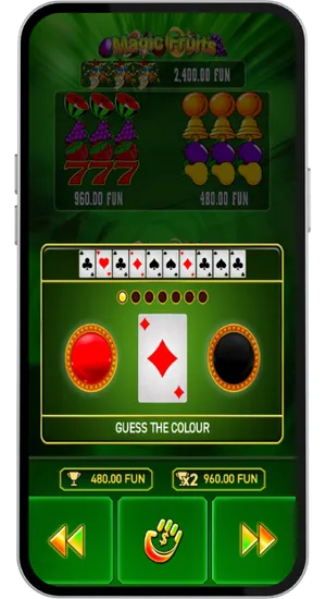 Runda Gamble w Magic Fruits z kartą as karo na środku i wyborem koloru czerwony lub czarny za 480 FUN