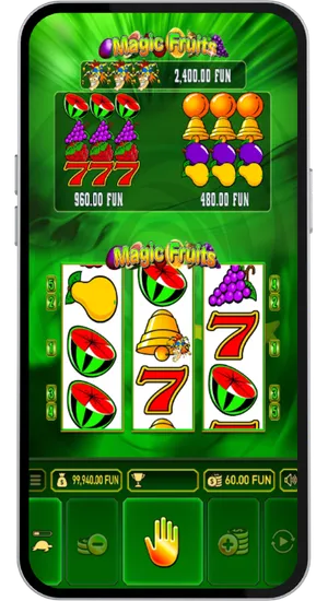 Symbole owoców i siódemki na bębnach Magic Fruits podczas aktywnego obrotu z saldem 99940 FUN