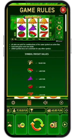 Tabela wypłat Magic Fruits z wartościami symboli i zasadami gry od Wazdan na ekranie Game Rules