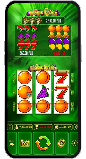 Trzy pomarańcze na trzeciej linii wypłat Magic Fruits z aktywną wygraną 480 FUN i funkcją podwajania x2