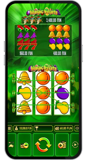 Widok główny automatu Magic Fruits z siatką 3x3, saldem 100000 FUN i aktywną funkcją obrotu