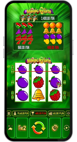 Trzy śliwki tworzące wygrywającą kombinację na drugiej linii wypłat w slocie Magic Fruits za 480 FUN